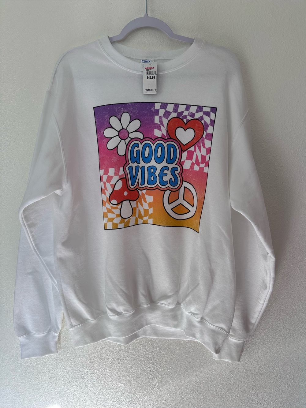 NWT Port & Company White Graphic Crewneck with Purple Pink & Red Design